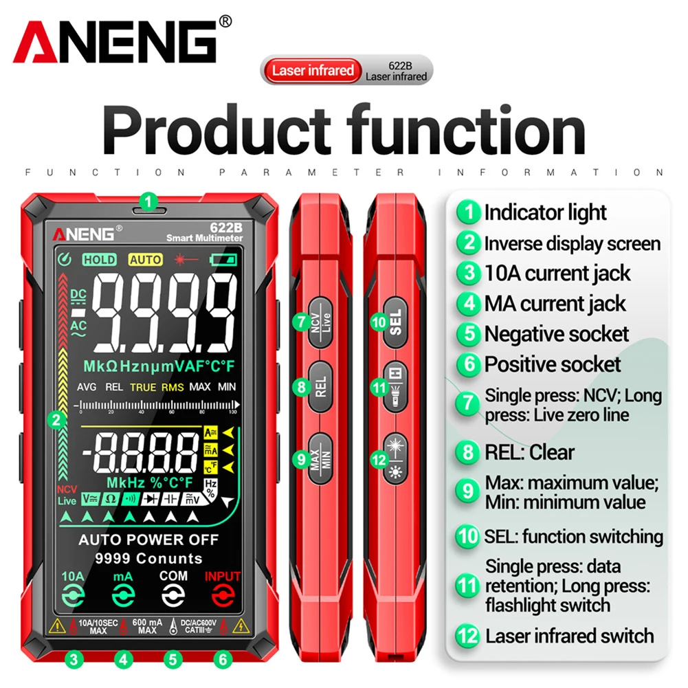 ANENG 622B cyfrowy inteligentny multimetr 10A miernik testowy automatyczny True RMS DC/AC 9999 Multitester z lampa laserowa pojemnością Ohm