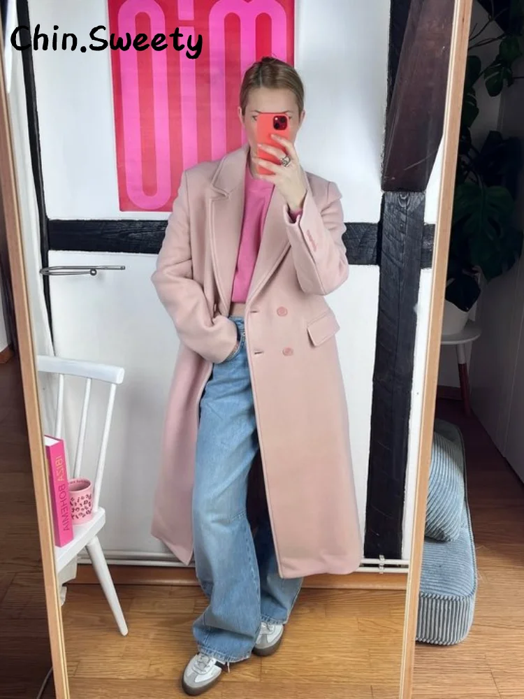 

Elegant Women's Double Breasted Woolen Long Trench Coat Loose Lapel Full Sleeve Pockets Overcoat 2025 Autumn Winter Lady Outwear