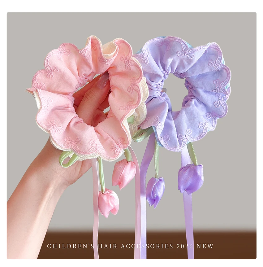 Neue bestickte Tulpen-Haarschleifen: Süße Prinzessinnen-Haargummis, schonend für das Haar, hohe Elastizität für Baby-Mädchen und Kleinkinder – Haar-Accessoires – Detail 7