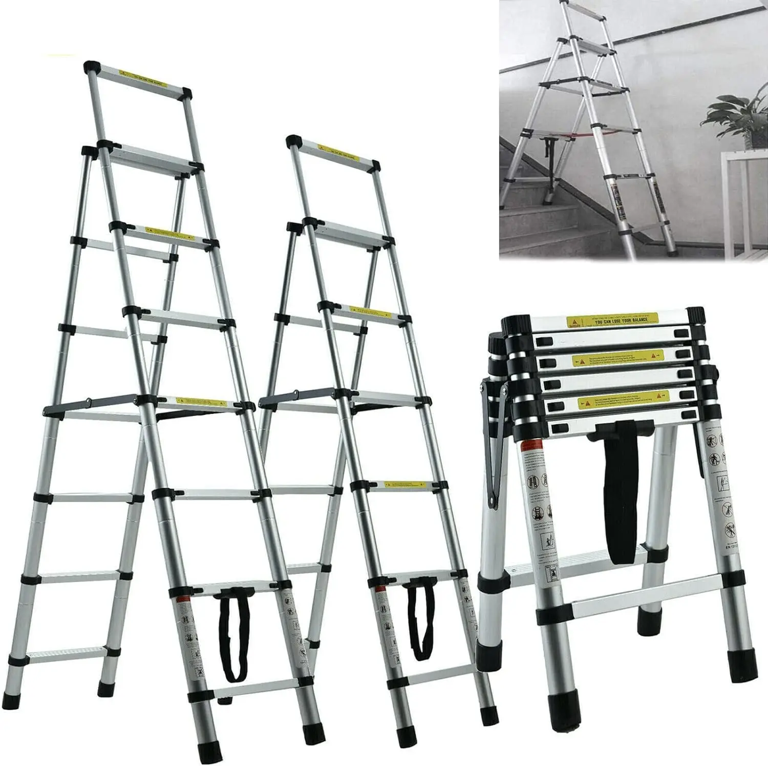 DayPlus Telescopic Ladder,Portable Step Aluminium Extension Ladder,A-Frame Multi-Purpose Anti-Slip Extendable Loft Ladder EM131