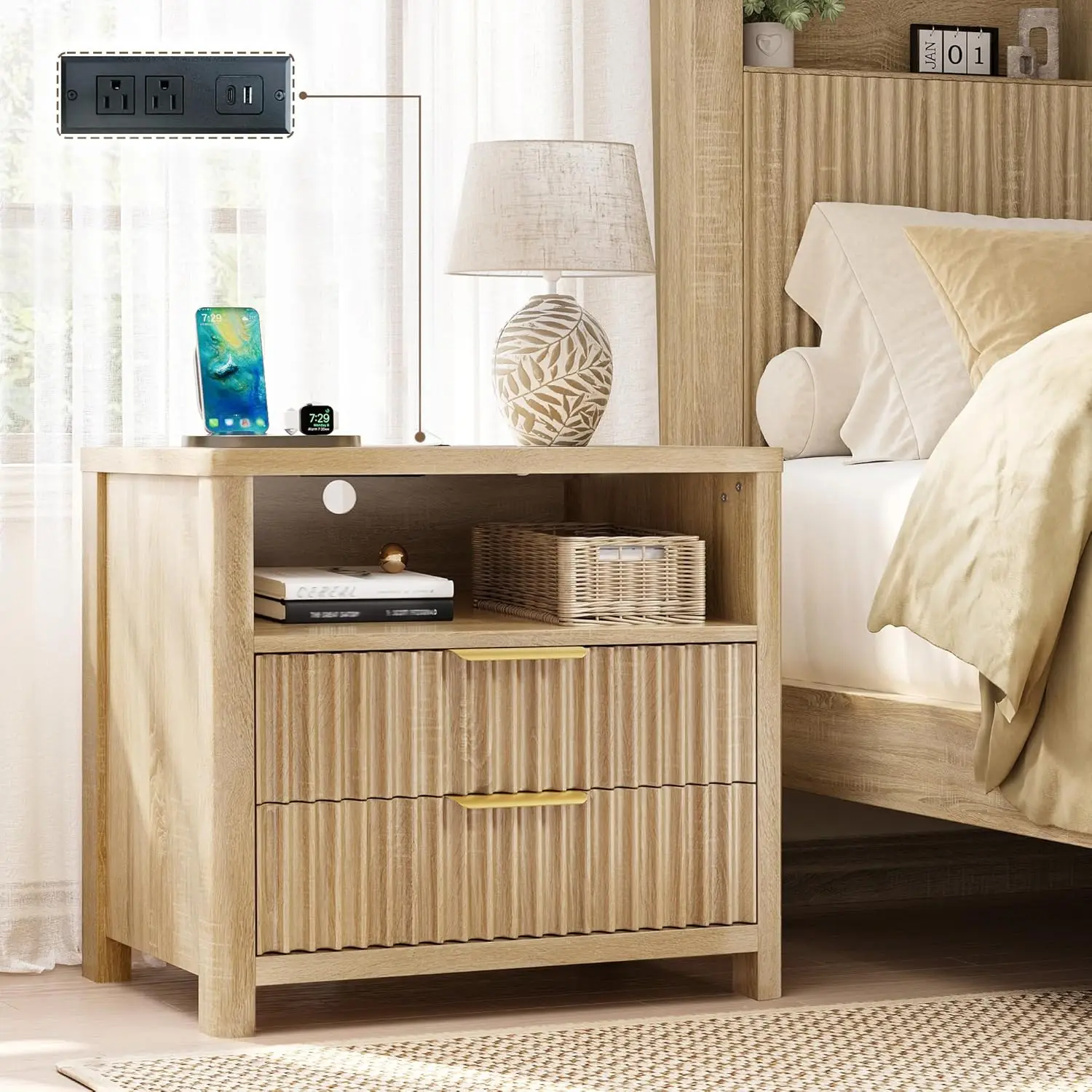 

Прикроватная тумбочка с зарядной станцией, тумбочки с 2 ящиками и полкой для хранения, деревянная прикроватная тумбочка с рифленой поверхностью и закругленными краями