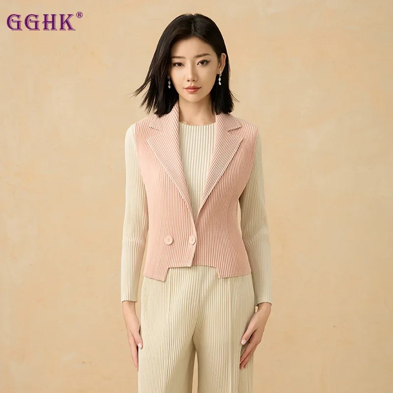 GGHK Pleated Women Suit Paragraph Vest 2024 Autumn New Solid Color Lapel Fashion Leisure Double-breasted Short Vest Jacket