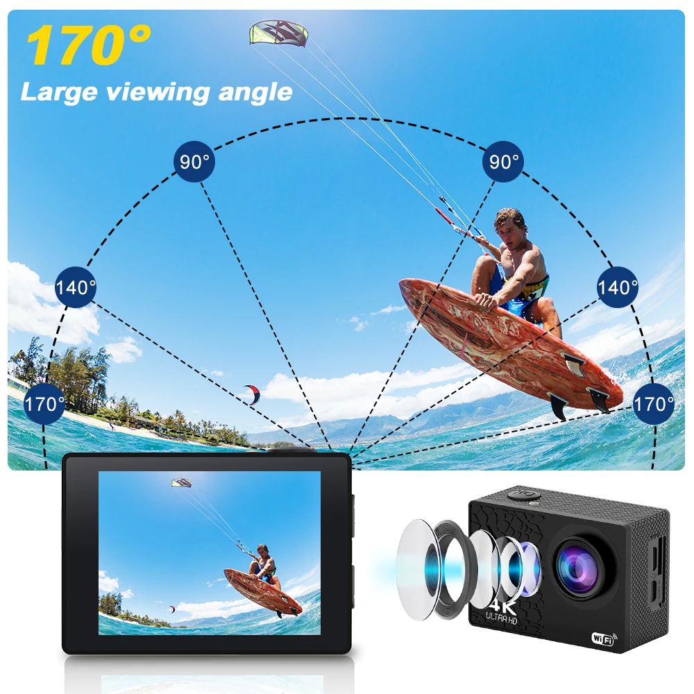 4K/30fps Ultra HD Action Camera WiFi 2.0-inch Waterproof Helmet Video Recording Camera Sports Camera Outdoor Mini Portable Cam