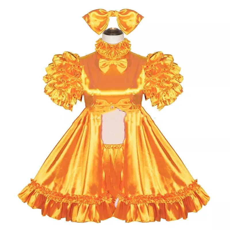 

Sissy Orange satin lockable dress maid cosplay Tailor-made