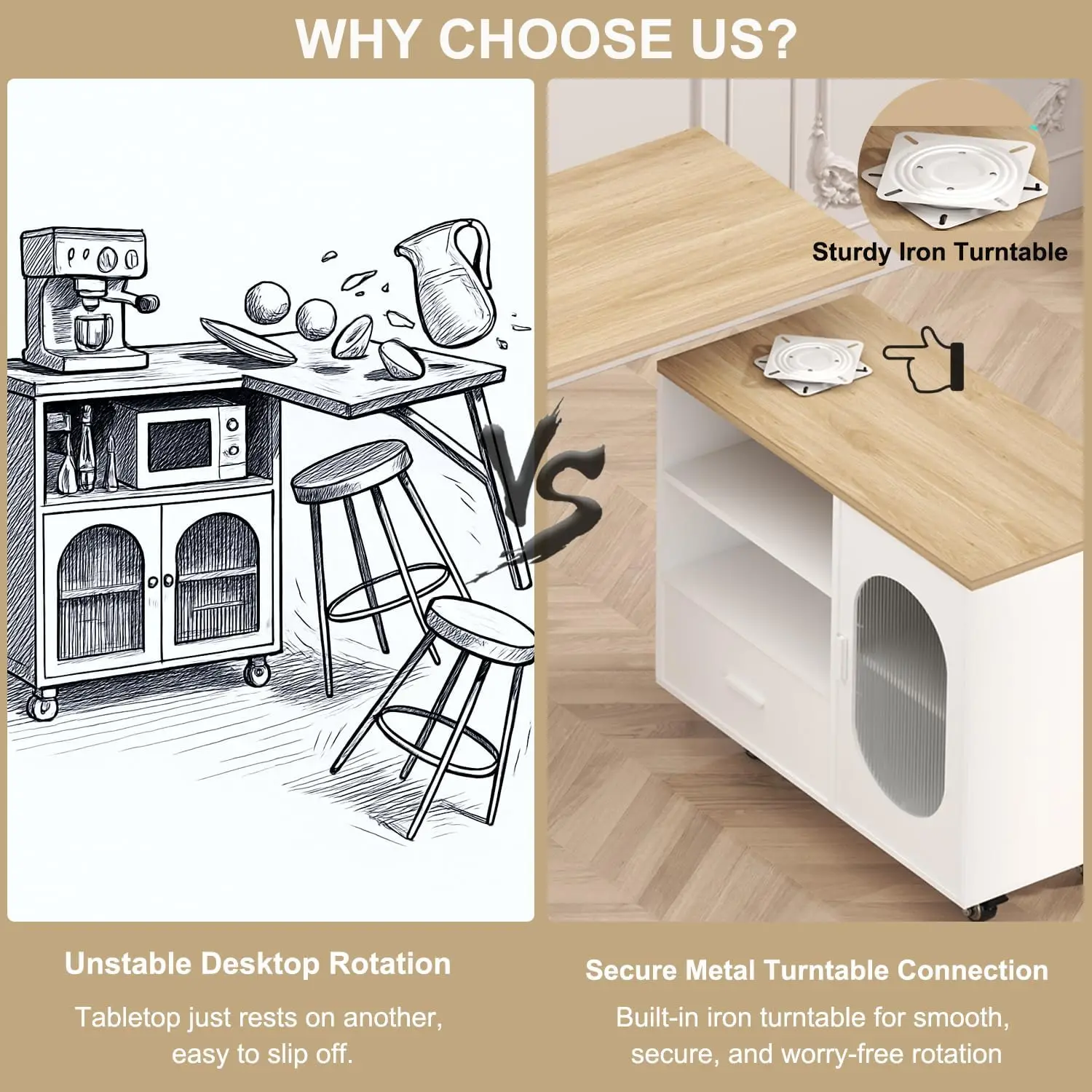 72.4' โต๊ะครัวแบบเคลื่อนที่พร้อมที่เก็บของ ลิ้นชัก และชั้นวาง สีขาว รถเข็นเคลื่อนที่ทันสมัยบนล้อ