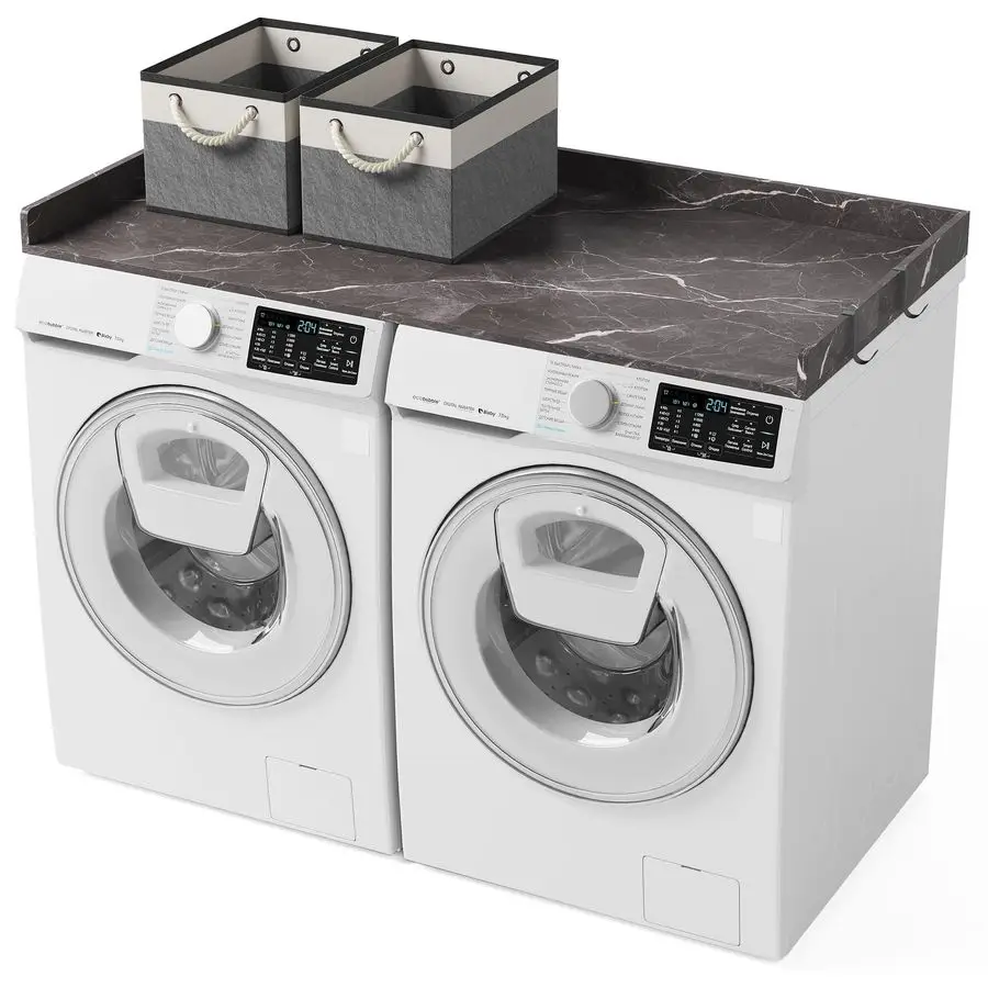 Encimera para Secadora 54 x 27.6, Antideslizante, para Lavadoras y Secadoras de Carga Frontal, con Ganchos Metálicos y Rieles Laterales, Incluye 2 Espacios de Almacenamiento