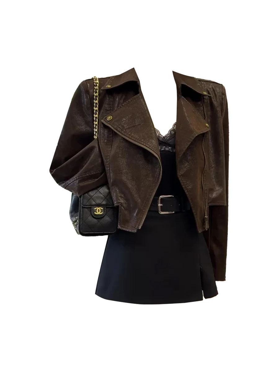 

American Sle plus Size Leather Jaet Women's ort Faionable Spring Outerwear Slimming Effect Casual Wear Zipper Design