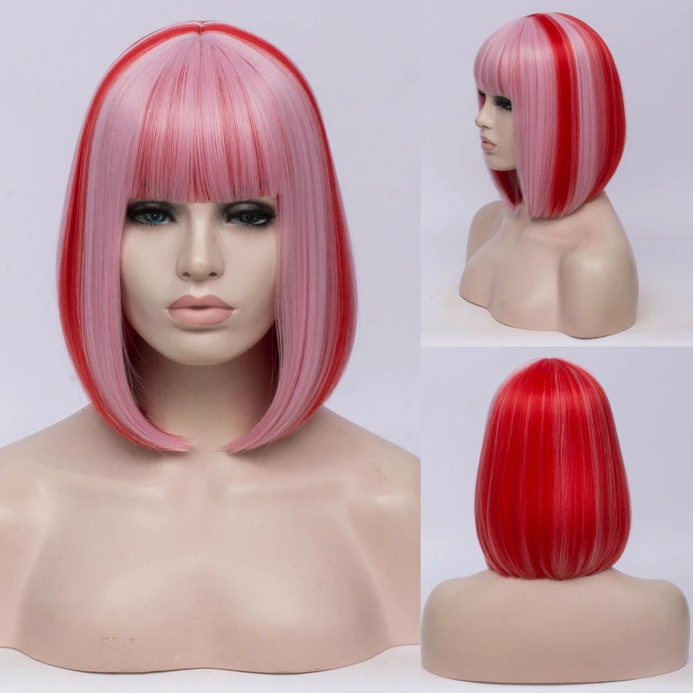 MSIWIGS Women Synthetic Straight Short Bob Wigs With Bangs Blue Golden Red Black White Purple Green Brown Cosplay Wig Female