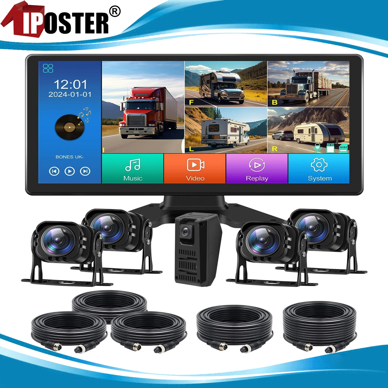 

iPoster 5CH 10.36" IPS Quad Split Monitor DVR Backup Heavy Duty HD Camera For Truck Bus RV AHD 1080P Color Night Vehicle