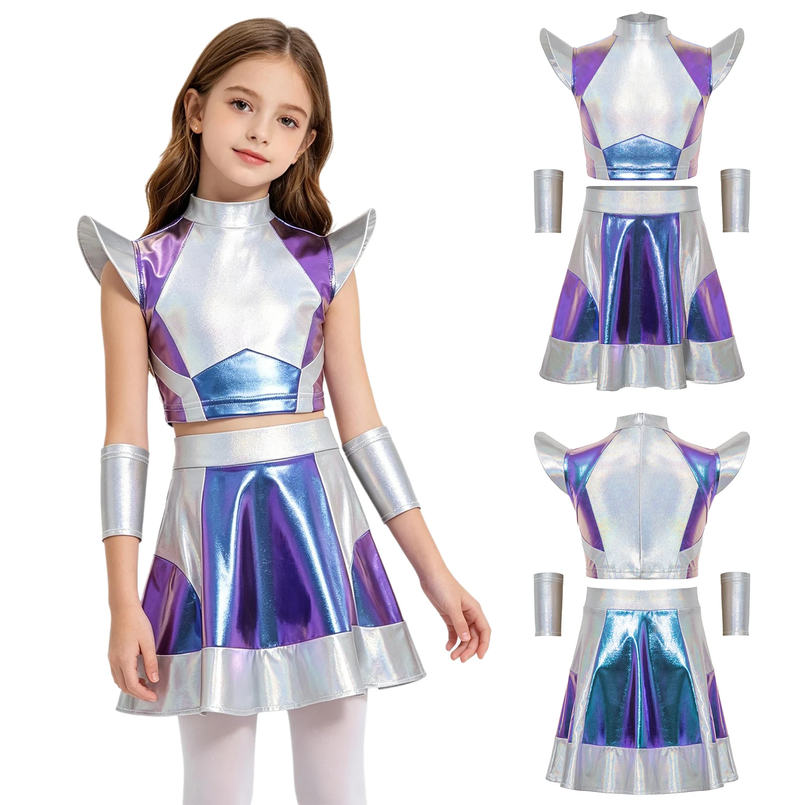 Children Girls Metallic Shiny Hip Hop Jazz Dance Outfit Crop Top with Skirt Sleeves Alien Space Cadet Robot Astronaut Costume - view 2