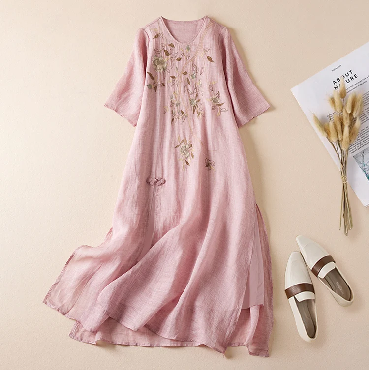 2024 Summer Women Flower Ramie Long Dress Embroidery Round Neck Half Sleeve Loose Casual A Line Soft Vintage Dresses X1013