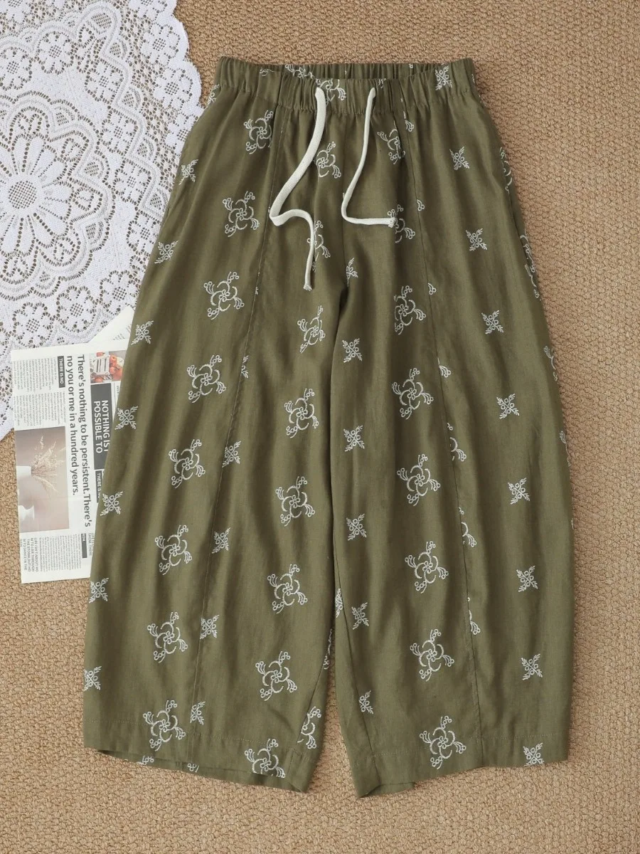 Fashionable Floral Cotton Linen Wide Leg Pants Women Summer Loose Fit Flattering Slimming Casual Nine Point Thin Pants