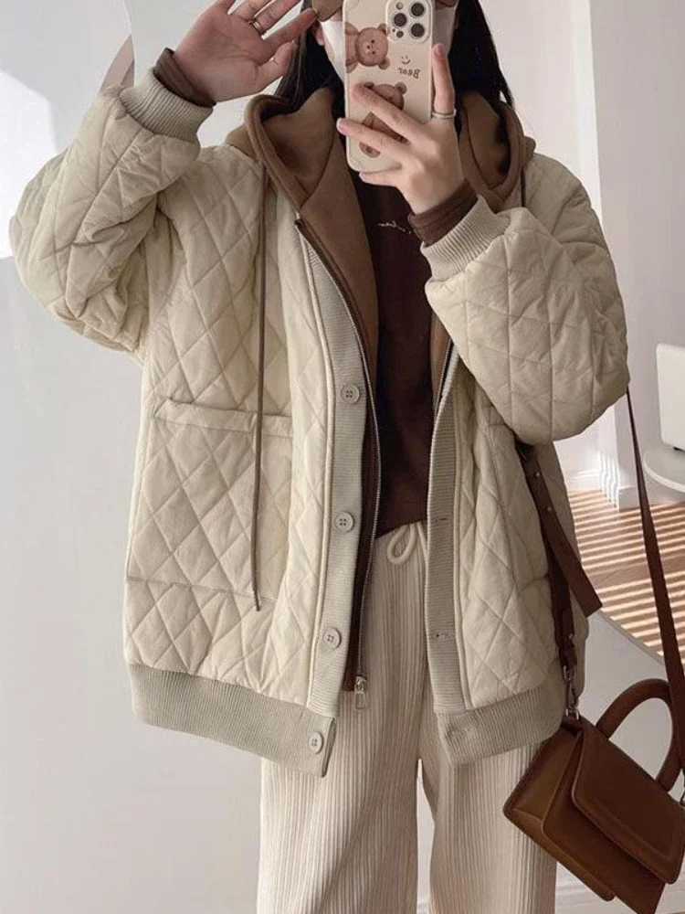 Rhombic Lattice Winter Coat for Women Simplicity Fashion Hepburn Style Female Jacket Loose Solid Color Hooded Thickening Parkas