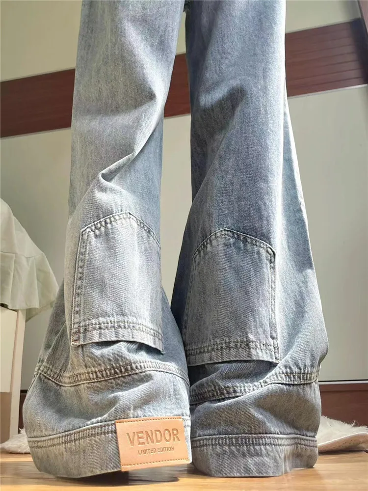 

American Retro Wide Leg Jeans Women Loose Slim Extended Floor Length Pants High Street Style Summer High Waist Light Color