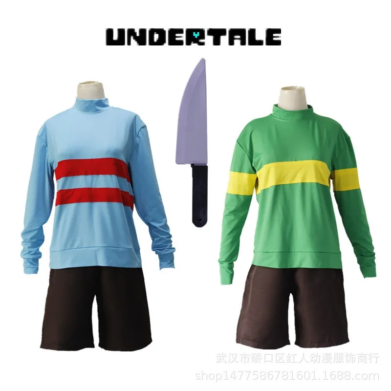 Game Undertale Frisk Chara Cosplay Costume High Collar Long Sleeve Sweatshirt Shorts Toy Knife Necklace Halloween Party Outfit