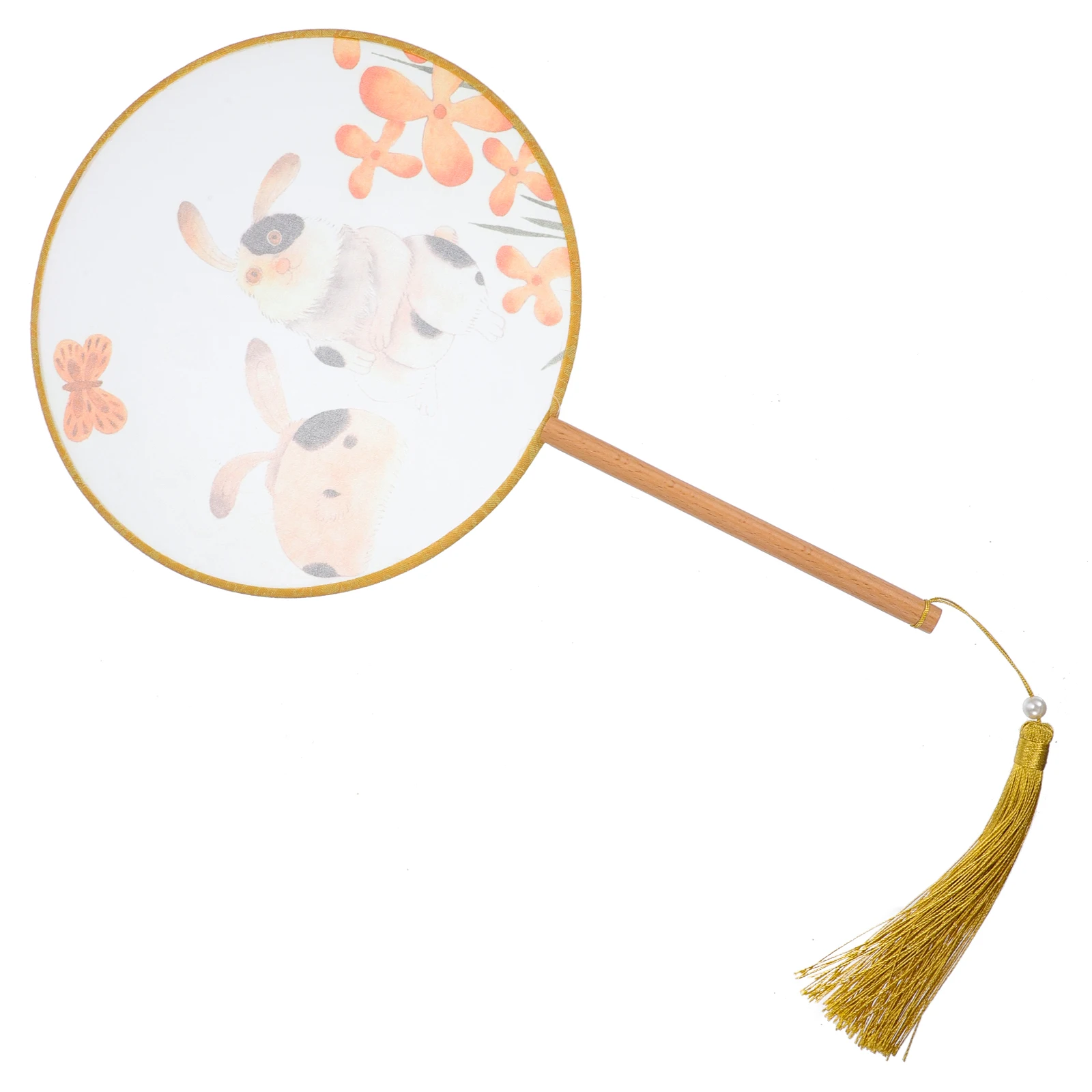 

Chinese Round Hand Fan Vintage Printing Decorative Wooden Handle Artificial Silk Tassel Circular Fans Dancing Props