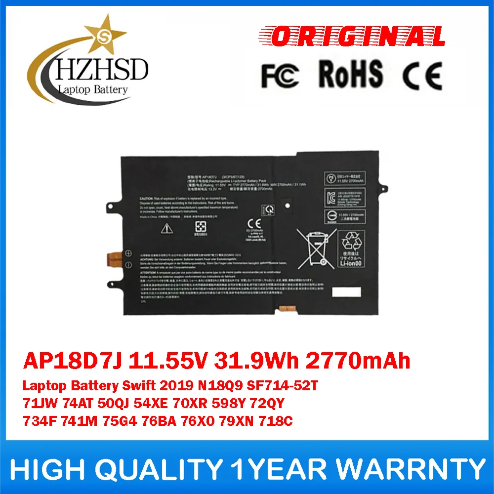 

AP18D7J 11.55V 31.9Wh 2770mAh Genuine Original Laptop Battery For Acer Swift 2019 N18Q9 SF714-52T 71JW 74AT 50QJ 54XE 70XR 598Y