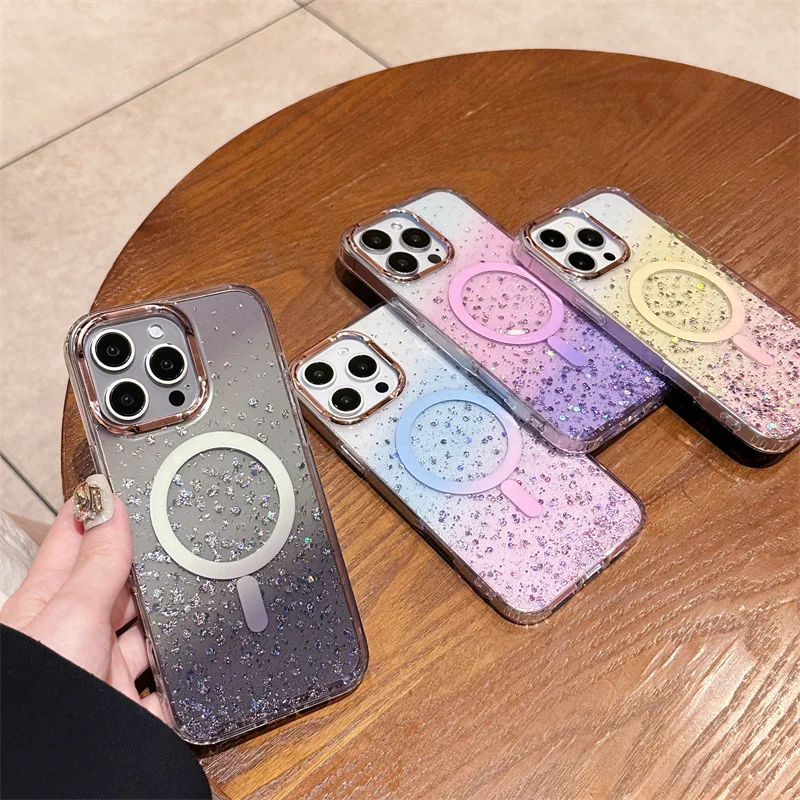 Luxuriöse Farbverlaufs-Pailletten-Glitzer-Magnet-Telefonhülle für iPhone 16 Plus 15 14 13 Pro Max, transparente, stoßfeste Schutzhülle