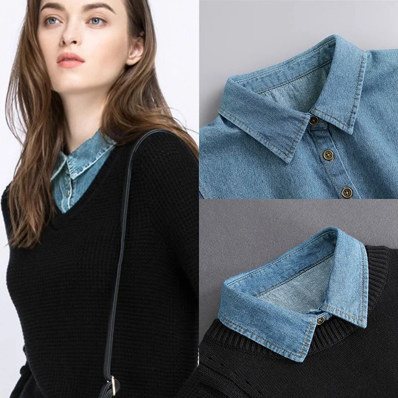 Trendy Denim Shirt Fake Collar Tie For Unisex Detachable Collars Cotton Blouse Stand Lapel All-Match False Collar Ties