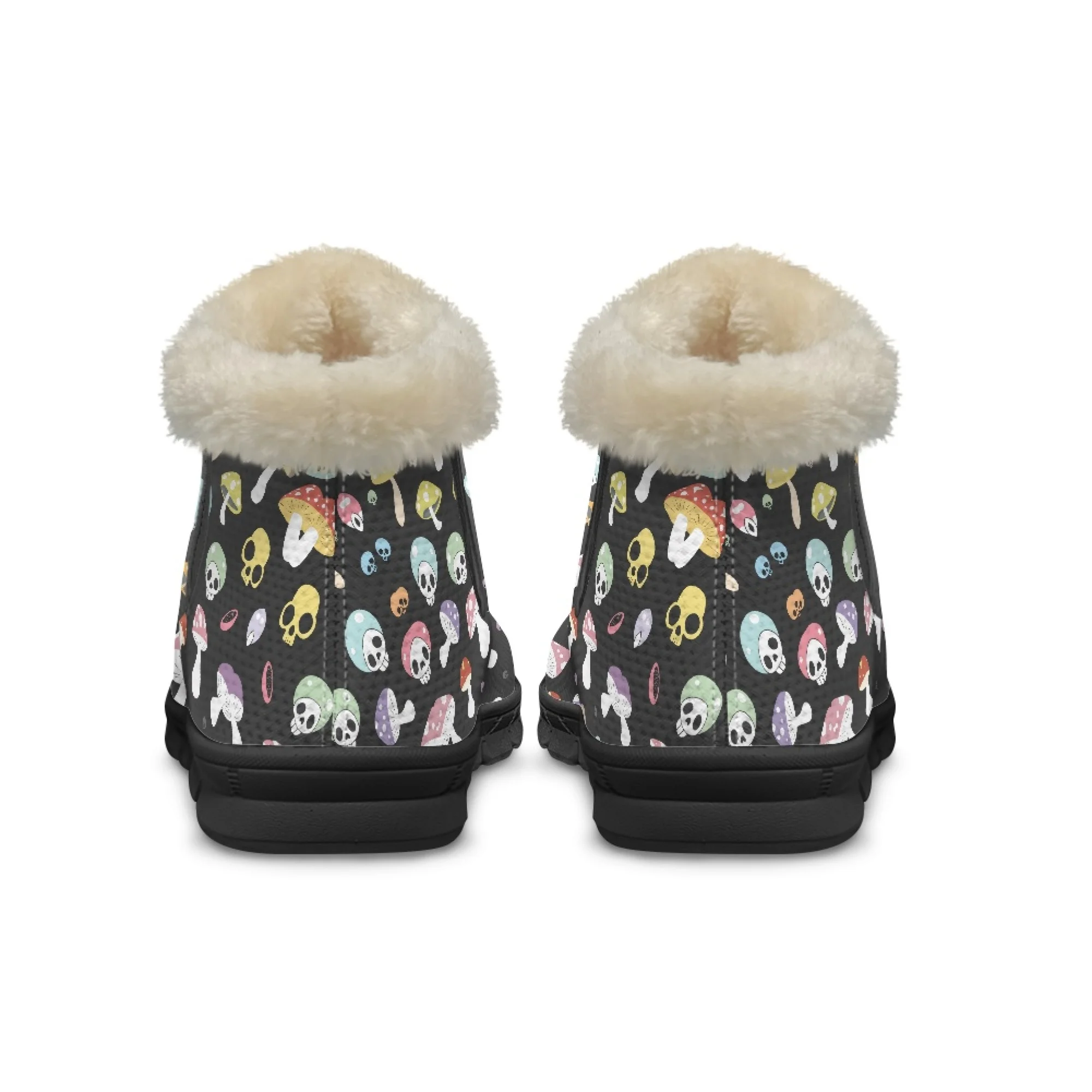 ELVISWORDS Cute Colorful Mushroom Skull Print Boots for Women Winter Warm Furry Boots Ankle Boots Casual Short Plush Lady Boots