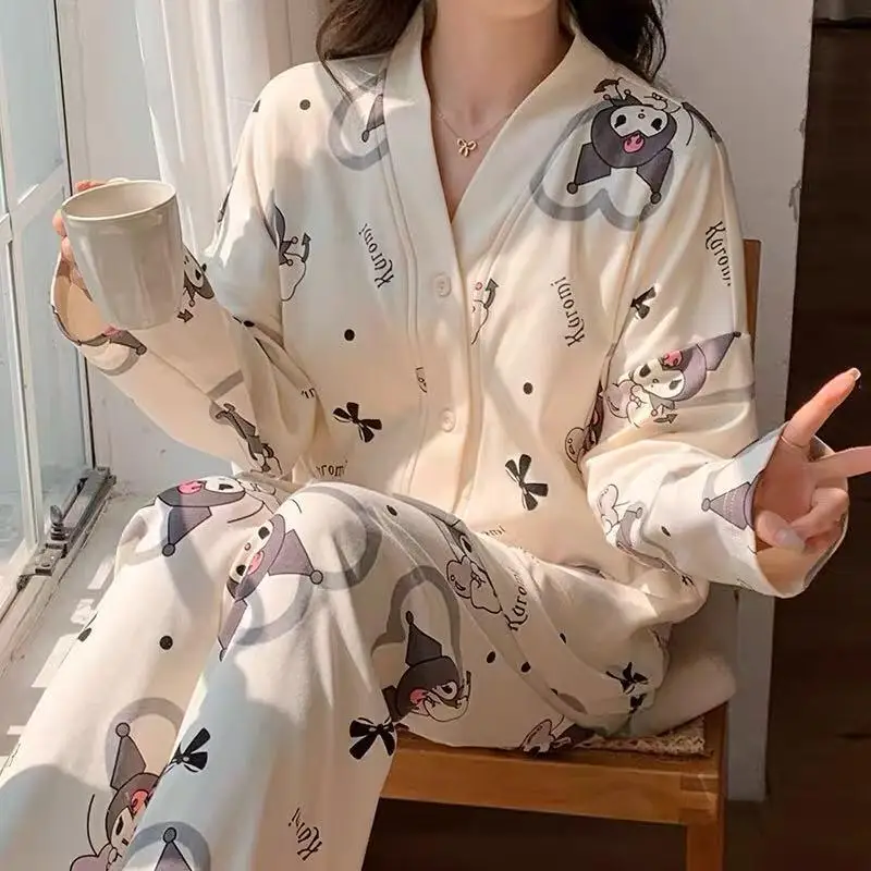 

Sanrio Women's Nightgown Kuromi Sleepwear Pants Long Sleeve Pyjamas Spring Pajamas Kawaii Cartoon Nightwear Popular Home Clothes