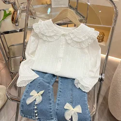 Blouses Girls Shirt Baby Long Sleeved Spring Doll Collar Shirt Korean Princess Shirt Tide 2024 Simple Button Fashion