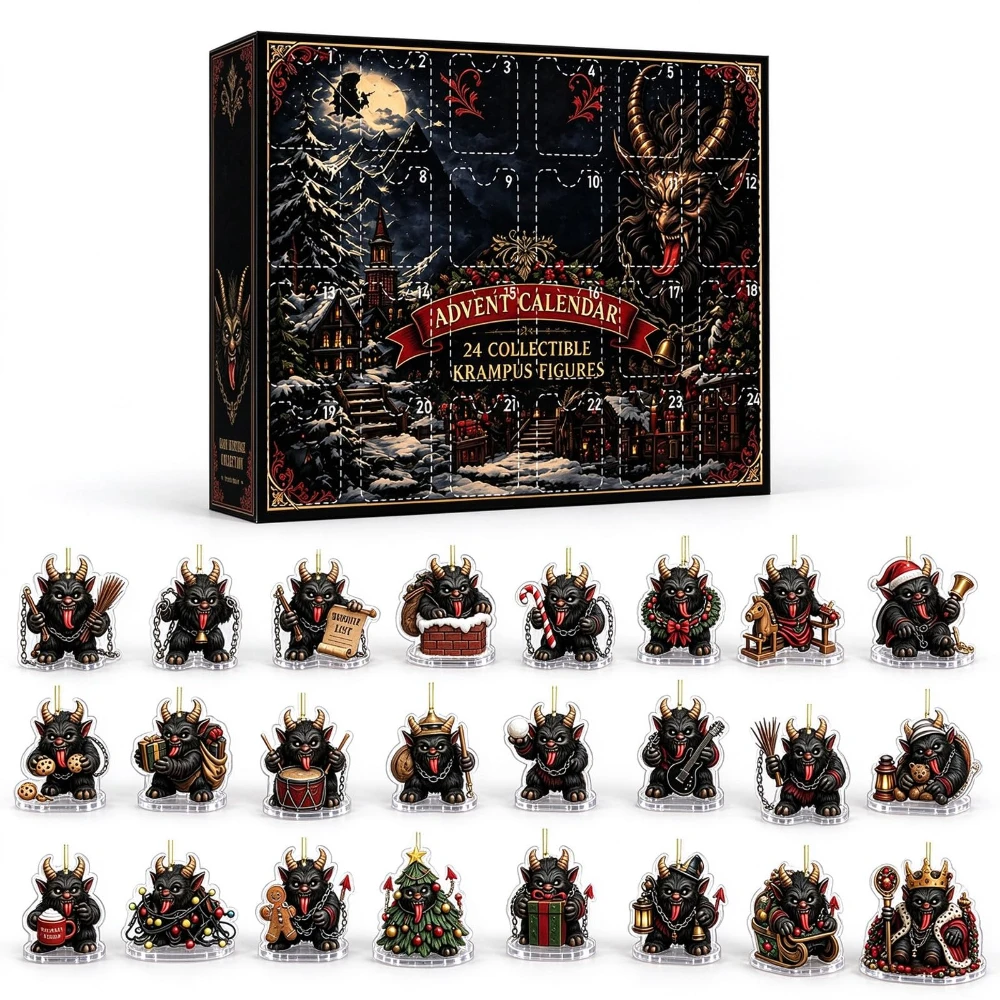 2026 Krampus Advent Calendar, 2D Acrylic Christmas Ornament, Gothic 24 Days Countdown Calendar with 24 Hanging Decorations