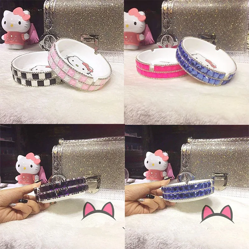 

2024 Sanrio Hello Kitty Kawaii Cartoon Fashion Ceramics Diy Ashtray Desktop Creative Kt Cat with Diamonds Birthday Gift