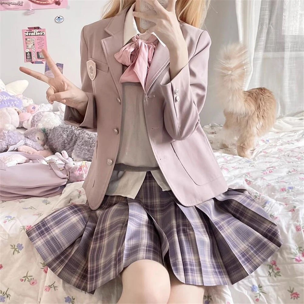 [Kaguya] School Girls Summer JK Uniform Skirt Sets Purple Plaid High Waist Japanese Korean JK Uniform Pleated Skirt Women Skirt