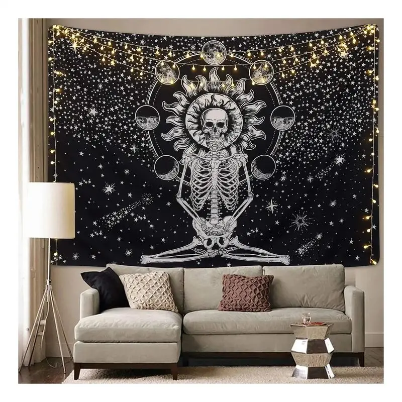 VIKAMA Celestial Skeleton Yoga Tapestry Black White Sun Moon Phase Starry Wall Hanging Mystical Dorm Bedroom Wall Art Decor