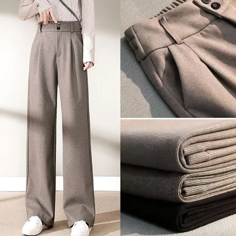Damen Klassische Wollhose mit Geradem Bein, Trendige Mädchen-Hose mit Hoher Taille, Weite Damenmode-Hose, Einfarbige Dicke Freizeithose