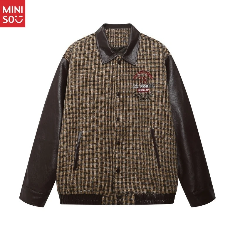 

Miniso American Retro Color Block Letter Embroidery Plaid Lapel Jacket Coats Unisex 2025 Fall Winter Loose Trendy