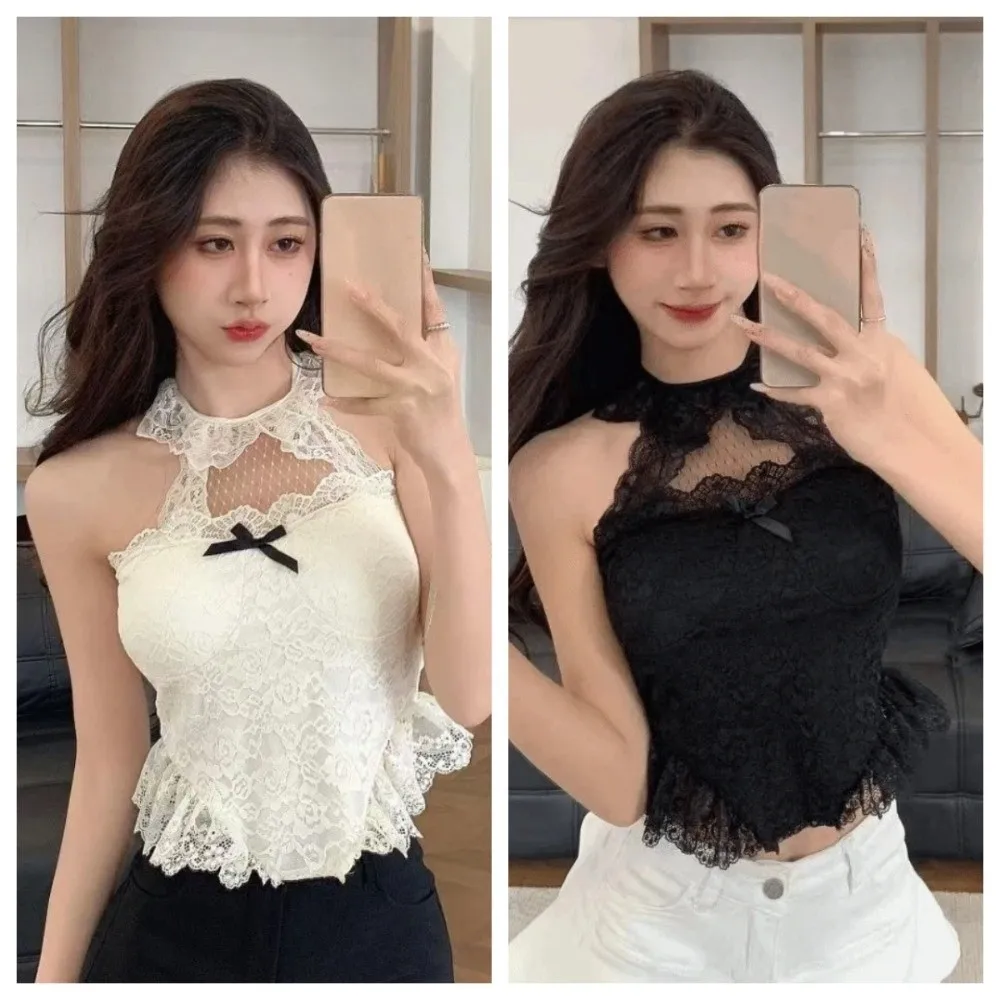 

Spicy Girl Style Hollow Lace Camisole Bow Halter Top Lace Corset Streetwear Slim Fit Suspender Vest Travel