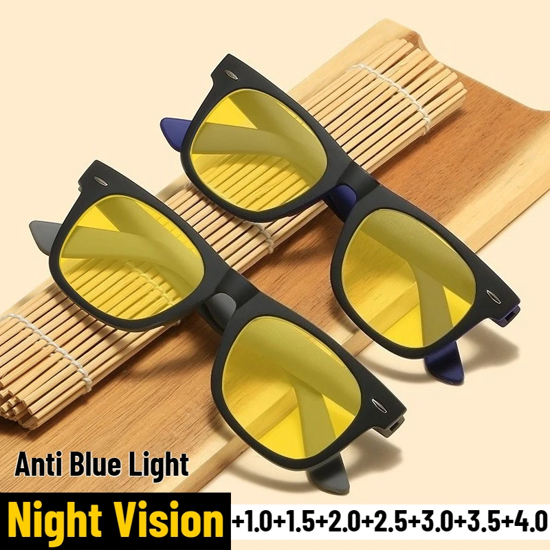 

Vintage Square Frame Night Vision Presbyopia Glasses Large Frame Comfortable Anti-Blue Light Glasses Yellow Lens Reading Glasses