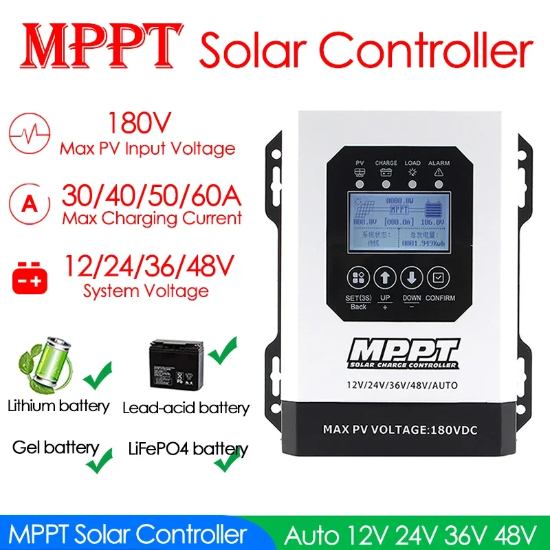 

30A 40A 50A 60A MAX 180VDC MPPT Solar Controller PV Regulator Auto Match 12V 24V 36V 48V for Lifepo4 Lithium GEL Lead Acid