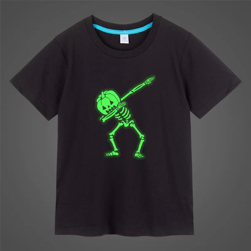 Cool Skeleton Green Fluorescent Luminous Children T-shirt Tops Summer Boy Girl Men Woman T-shirts Punk Party Kids Clothing