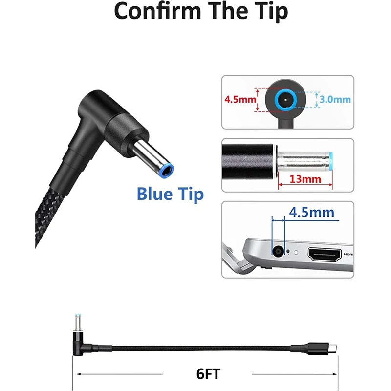 USB C To Laptop Charging Cable Adapter Type C To DC 4.5 X 3.0Mm Converter 100W PD Power Charger Supply Cord For HP