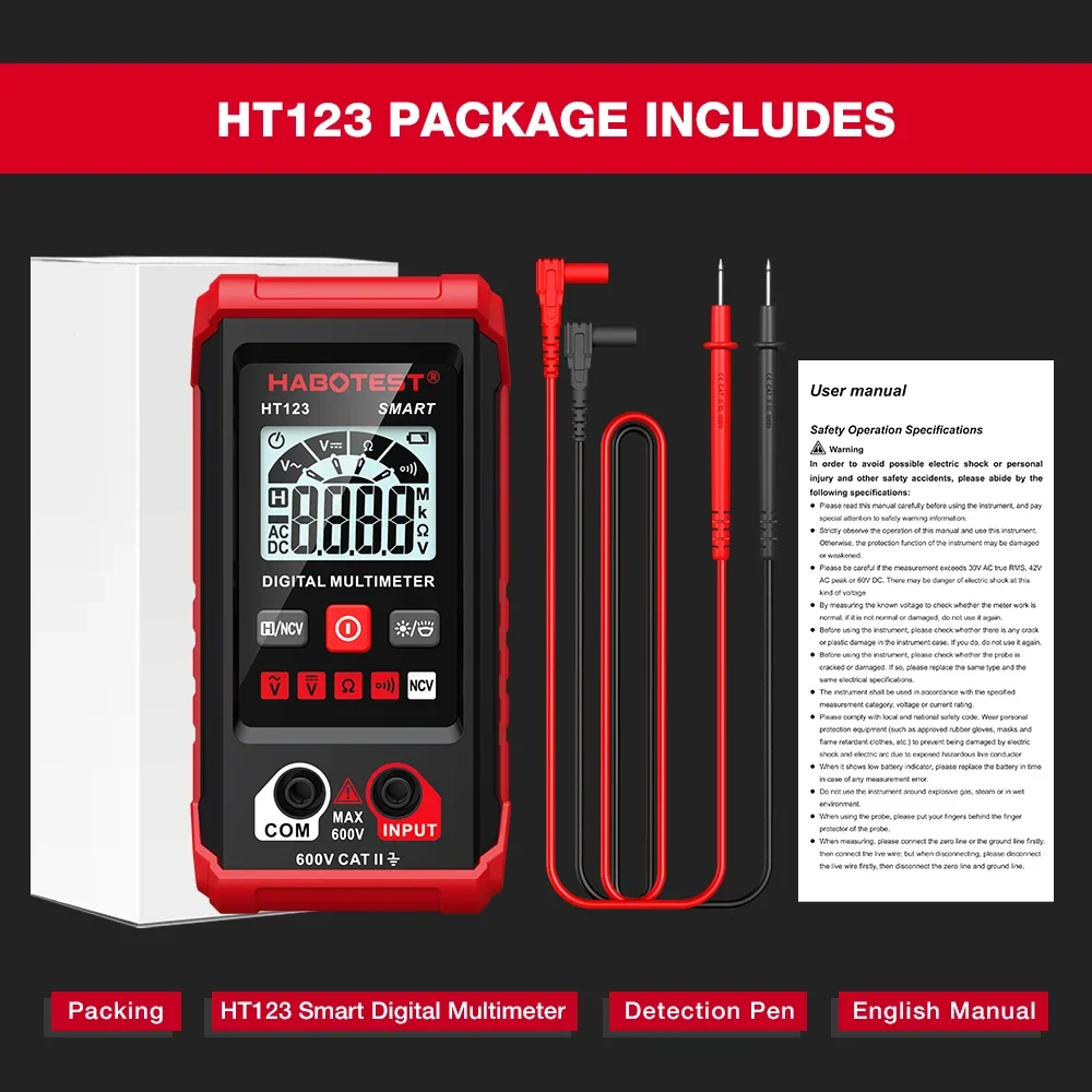 HABOTEST HT123 Digital AC/DC Voltage Resistance Continuity Measurement Tester NCV Voltmeter image 6