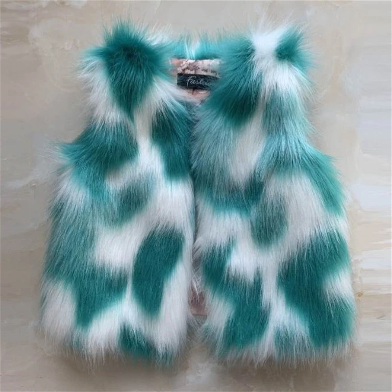 

Children Faux Fox Fur Vest Coats Jacquard Jackets V Neck Sleeveless Open Stitch Thick Warm Fur Loose Casual 2025 Autumn Winter