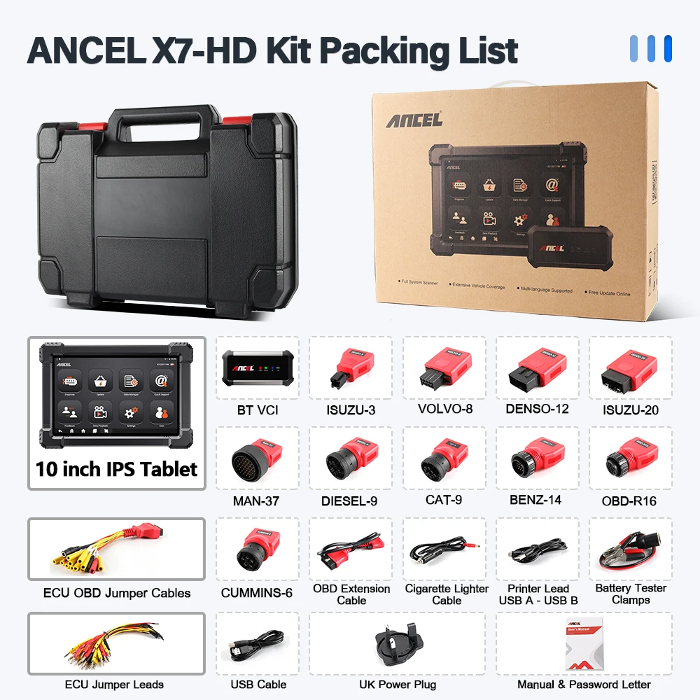 Ancel X7 HD 10 inch Android Tablet Heavy Duty Truck Full System Diagnostic Scanner Coding programming Professional Trucks Diesel