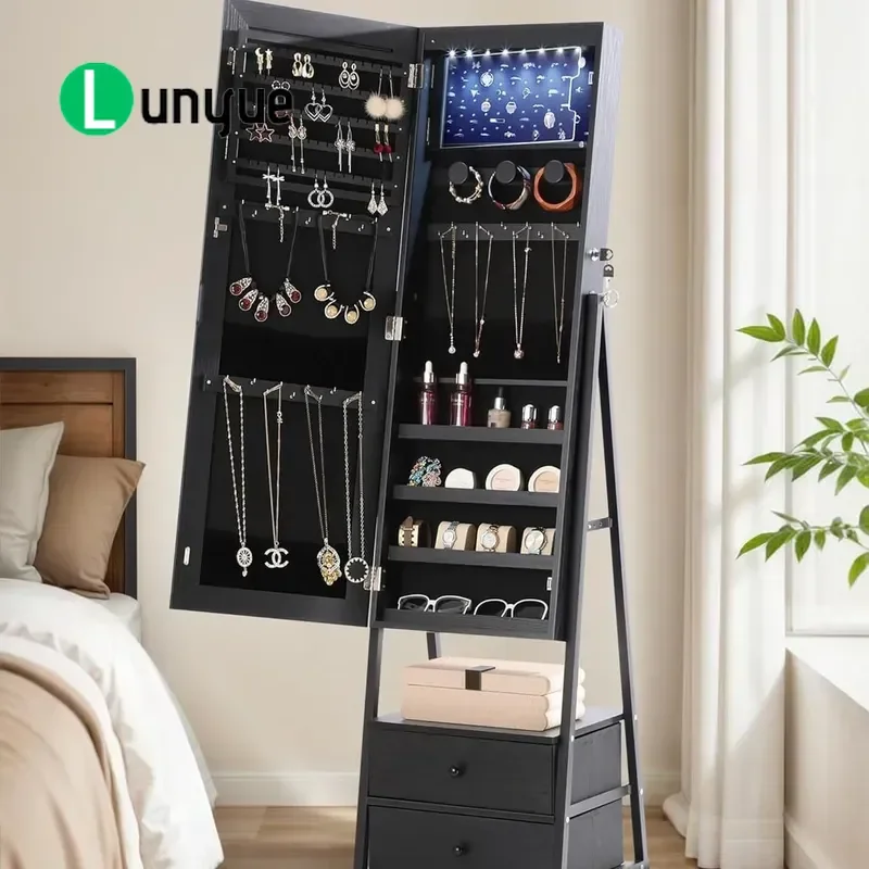 European Style Jewelry Storage Cabinet with Full Body Floor Mirror Smart Light Box for Apartment B&B Household Makeup