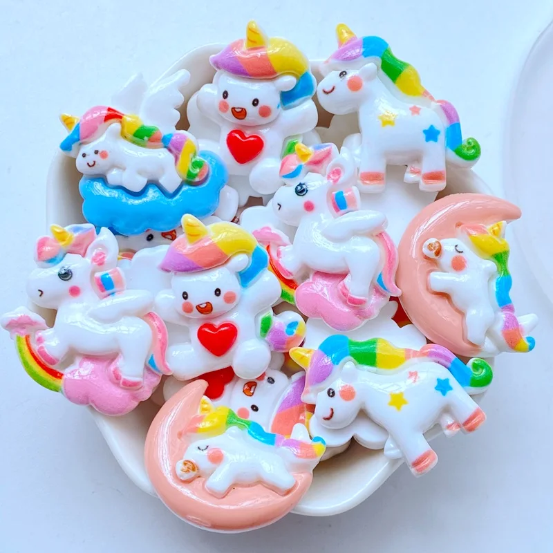 10Pcs New Cute Resin Unicorn, Pony Series Flat Back Fit Phone Deco Parts Embellishments for Hair Bows Accessories