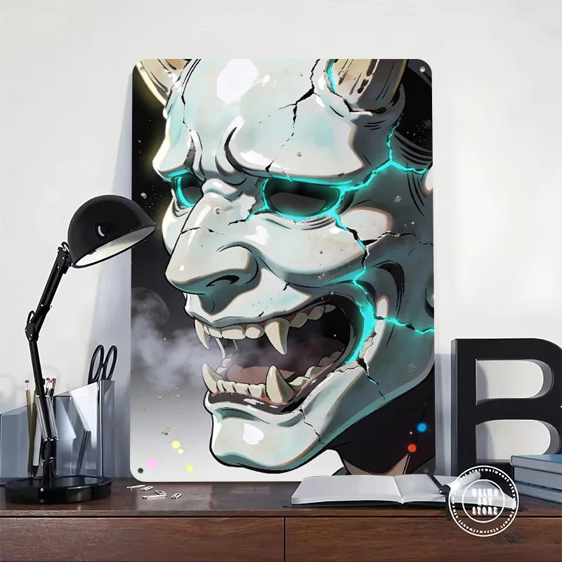 Cracked Oni Mask With Glowing Eyes Poster Customized Vintage Metal Signs Wall Art Retro Tin Plaque for House Decoration Room