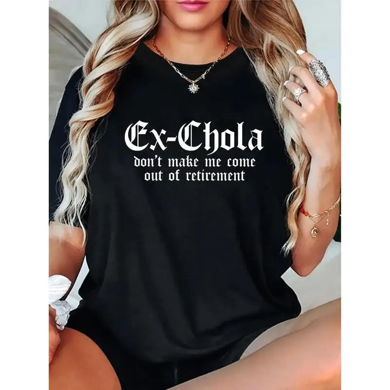 

Женская футболка с забавным рисунком «Ex-Chola» — черная футболка с жирными белыми надписями, короткими рукавами, повседневный стиль Chicana