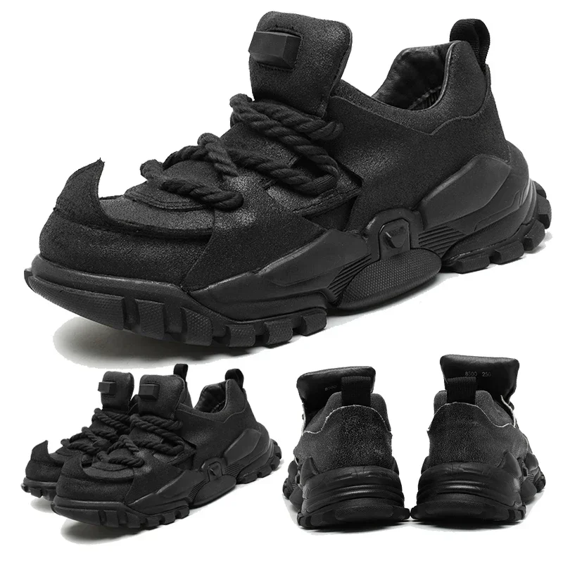 

Fashion Genuine Leather Platform Motorcycle Boots Ankle Casual Chunky Sneakers Upturned Autumn Walking Shoes Men's Loafers
