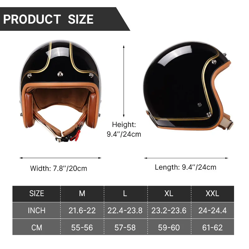 Open Face Motorcycle Helmet Jet Helmet for Men Women Adult Retro Vintage 3/4 Racing Helmets for Scooter Cruiser Moped Pilot DOT