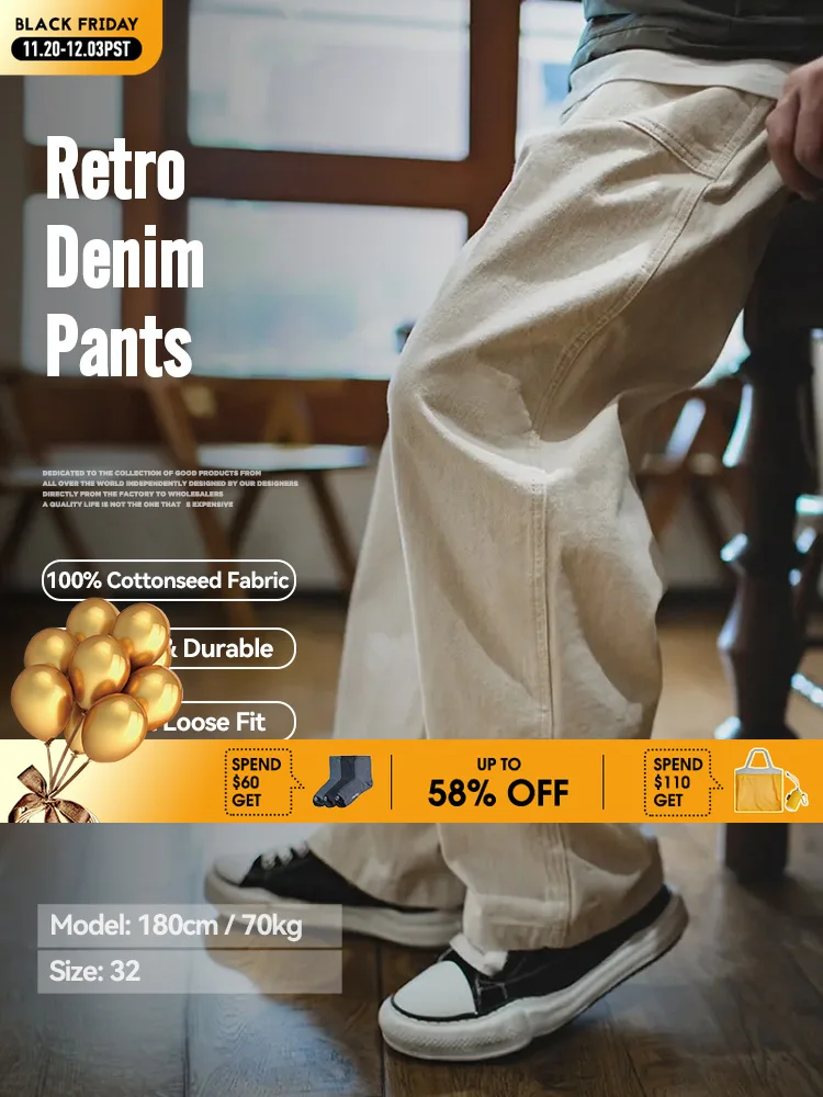 

Maden Retro Cotton Seed Shell White Denim Jeans 11.2OZ Loose Straight Long Pants Cargo Pants Sweatpants Men Causal Trousers