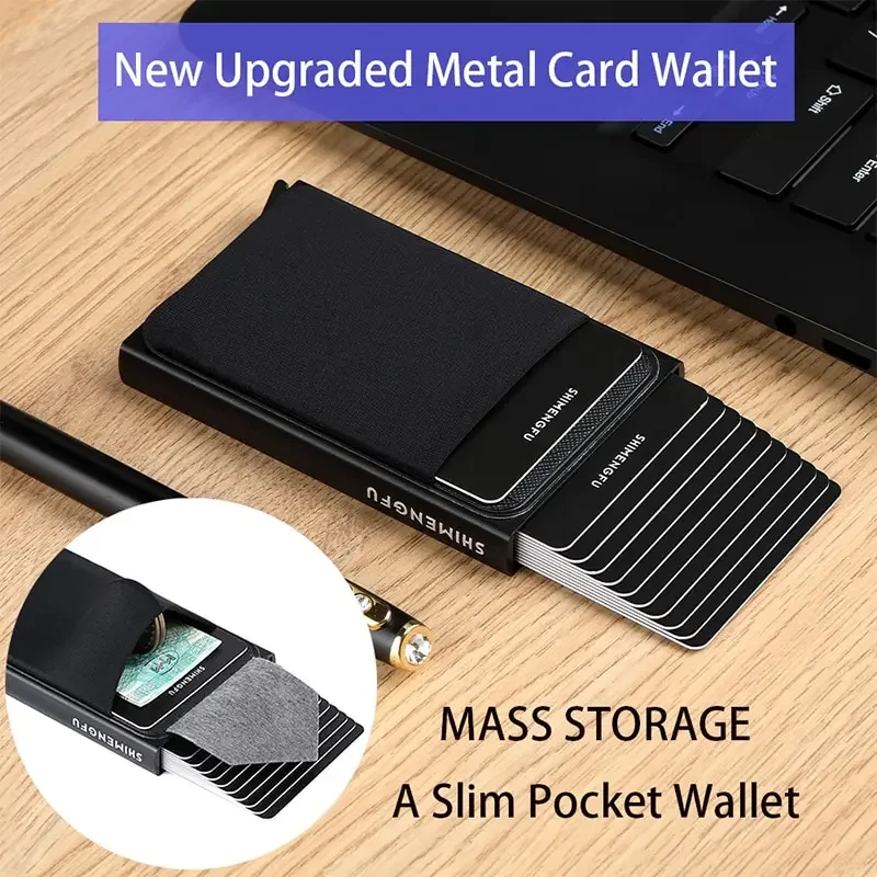 Rfid Smart Wallet Card Holder Metal Thin Slim Men Women Purse Pop Up Minimalist Card Wallet Small Black Metal Credential Holder