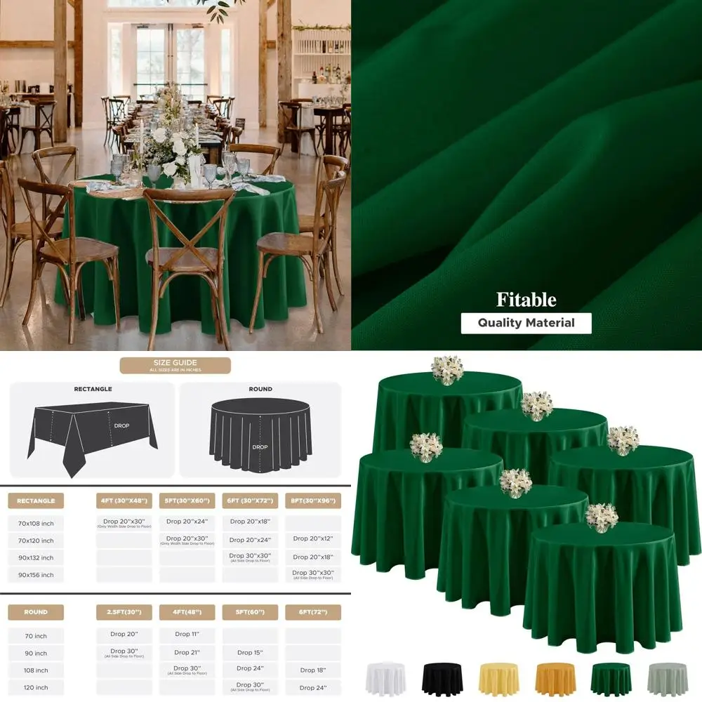

70 Round 6-Pack Hunter Green Tablecloths - Wrinkle & Stain Resistant Polyester for Weddings, Parties & Formal Events