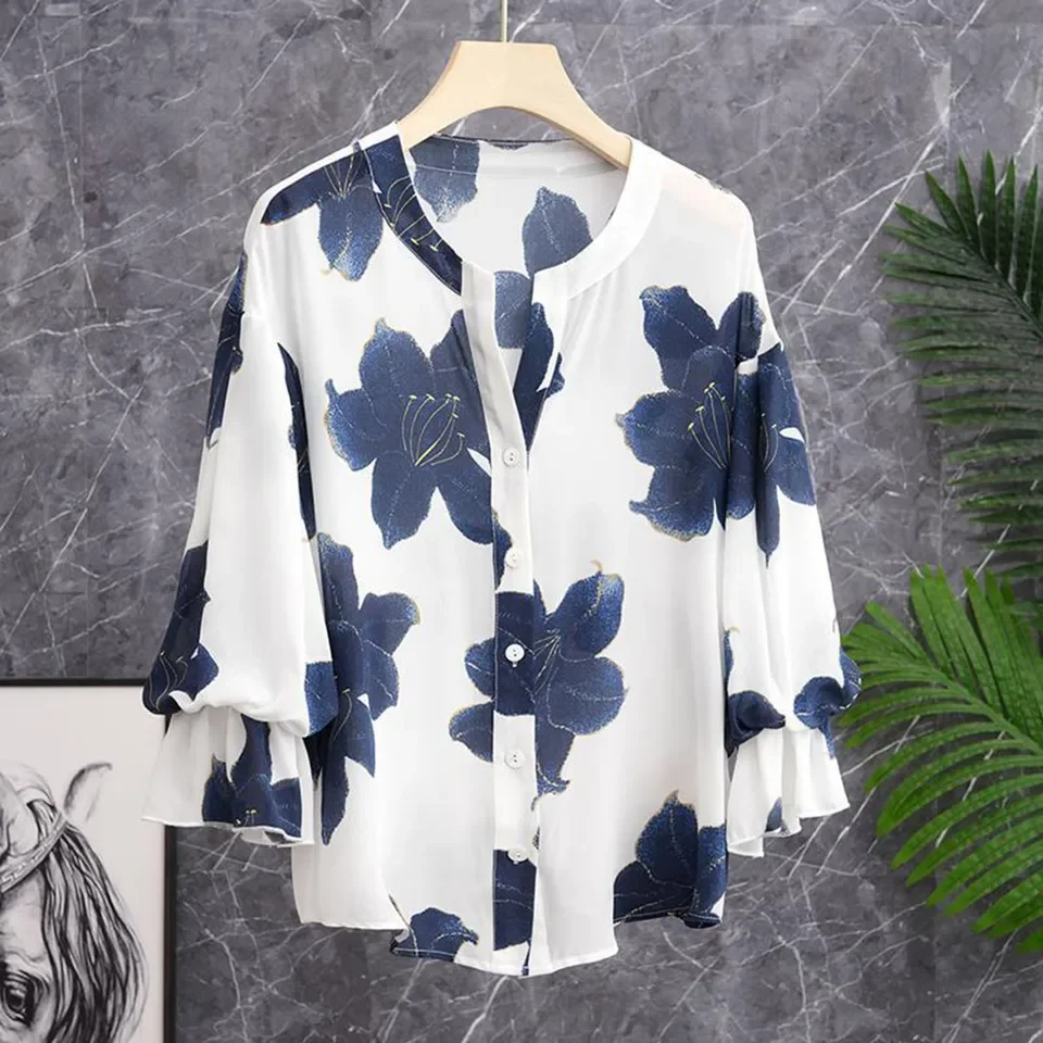 

Long-Sleeved Cardigan Shirt Temperament Commuting Top Woman Flower Pattern Chiffon Women'S Puff Korean Style рубашка женская